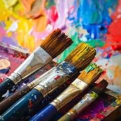 Fototapeta premium Close-up view of used paintbrushes resting on a vibrant 's palette, showcasing the rich colors and textures of the creative process.