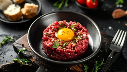 Gourmet beef steak tartare with a raw egg yolk and fresh herbs.