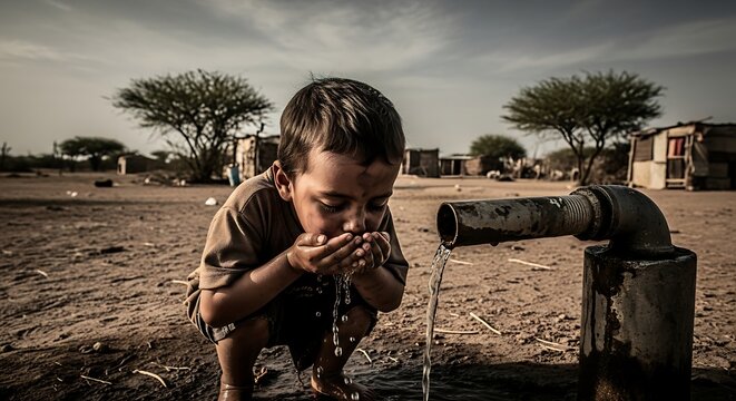 Boy drinks from tap.