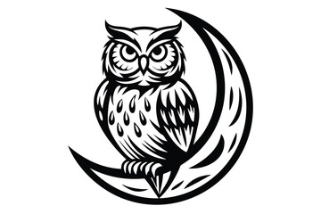Owl Sitting on Crescent Moon with Clouds and Stars