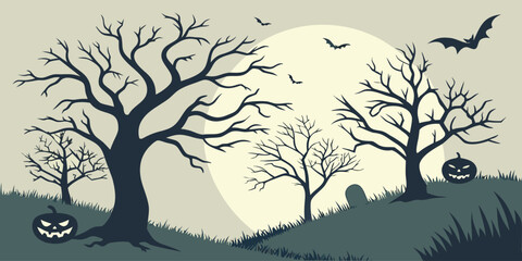 Halloween silhouette background featuring spooky trees, bats, haunted house, and full moon. Vector illustration for posters, social media, seasonal design, and event decoration.