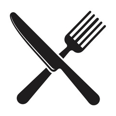 Simple black and white illustration of crossed knife and fork utensils