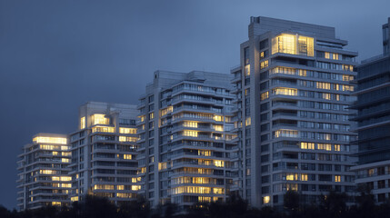 Modern residential buildings at dusk, their clean lines highlighted by warm interior lights.