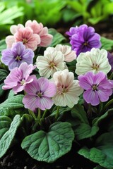 Primrose flower with five petals, in shades of pink, purple, and white, growing fresh in a garden environment, Generative AI