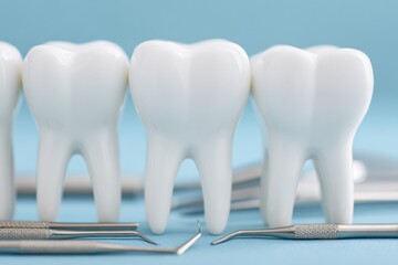 Row of pristine white teeth and metallic dental tools on a light blue surface. Focus on oral hygiene and dental care