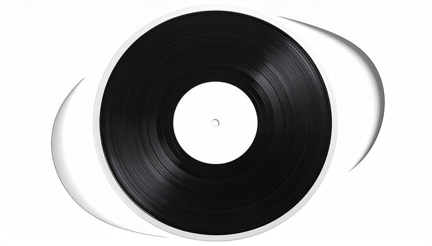 Abstract eye concept with a black vinyl record as the pupil on a white background.