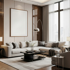 Modern Living Room Poster Frame Mockup with Natural Light and Minimalist Decoration. 3D render.