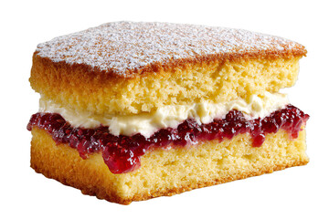 Slice of Victoria Sponge Cake with Jam and Cream Filling Sprinkled with Sugar Isolated on White Background