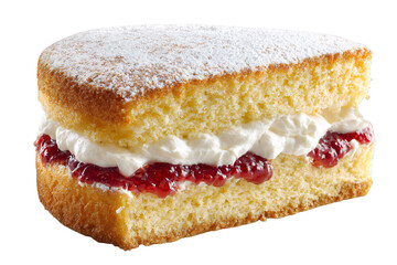 Slice of Victoria Sponge Cake with Jam and Cream Filling Sprinkled with Sugar Isolated on White Background