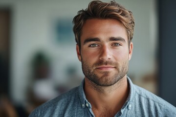 Obraz premium Close-up photo of a successful young male teacher, business coach, or personal growth trainer standing in an office, looking confidently and seriously at the camera, ready professional, Generative AI