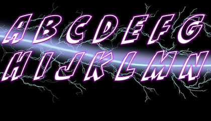 Alphabet partie 1, avec transparence de foudre et néon bleu, sur fond noir.