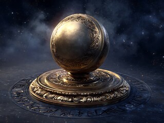 Gilded archive orb resting in rune-inscribed pedestal bathed in moonlight and data flux