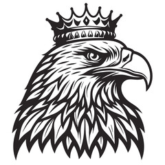 Majestic eagle head with a crown detailed black and white illustration