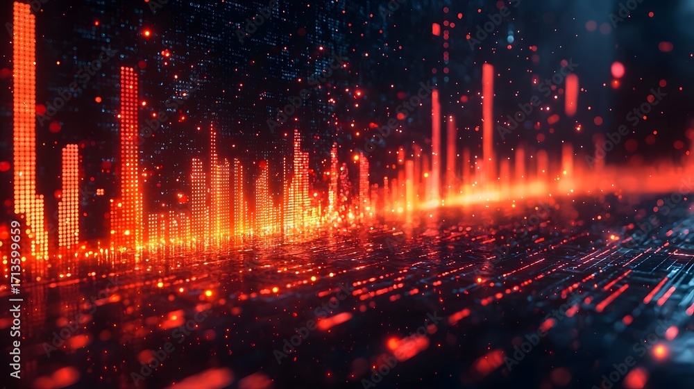 Poster abstract futuristic digital visualization of glowing red data bars and particles against a dark high