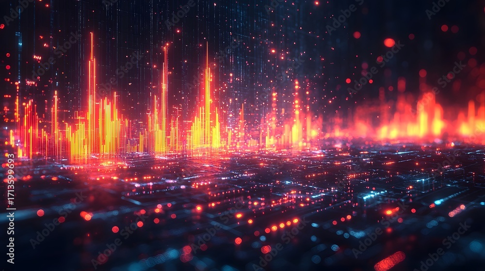 Poster abstract futuristic digital network with glowing red and orange bars representing data flow and grow