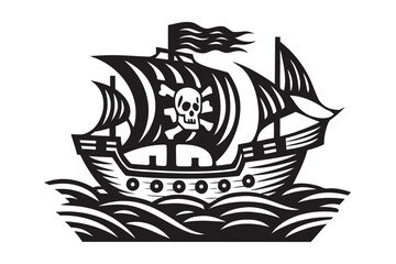 Pirate ship Icon with skull on the sails, isolated on white background