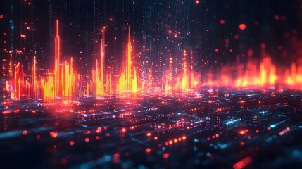 Abstract futuristic digital network with glowing red and orange bars representing data flow and growth