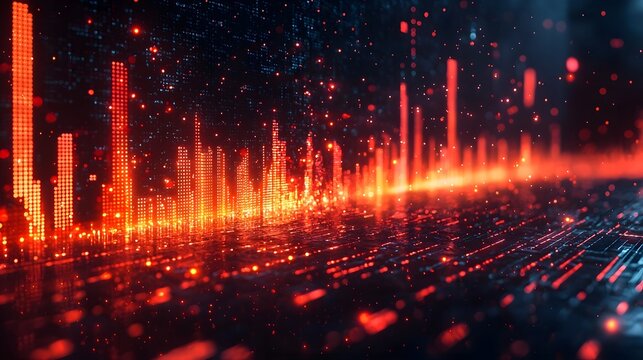 Abstract futuristic digital visualization of glowing red data bars and particles against a dark high tech background