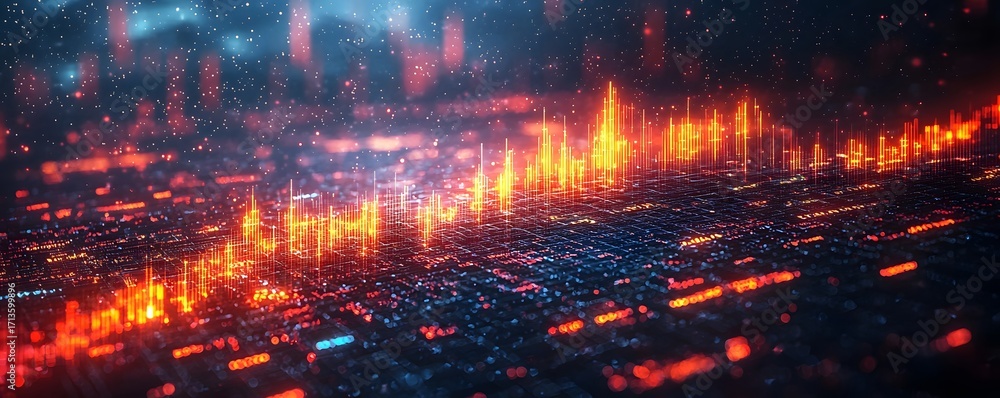 Poster abstract digital data visualization with glowing orange spikes on a blue grid symbolizing complex in