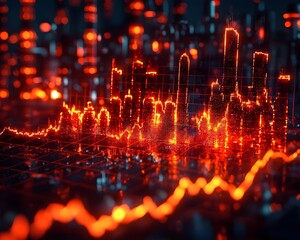 Abstract futuristic data graph visualizing financial market trends over a glowing digital city or industrial landscape