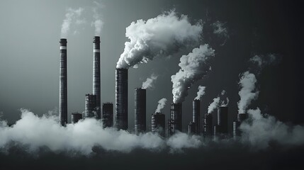 Obraz premium Dramatic black and white image of industrial smokestacks emitting thick clouds of smoke symbolizing pollution and environmental impact