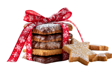 Stack of Christmas Cookies with Red Ribbon and Star Shaped Biscuits Isolated on White Background