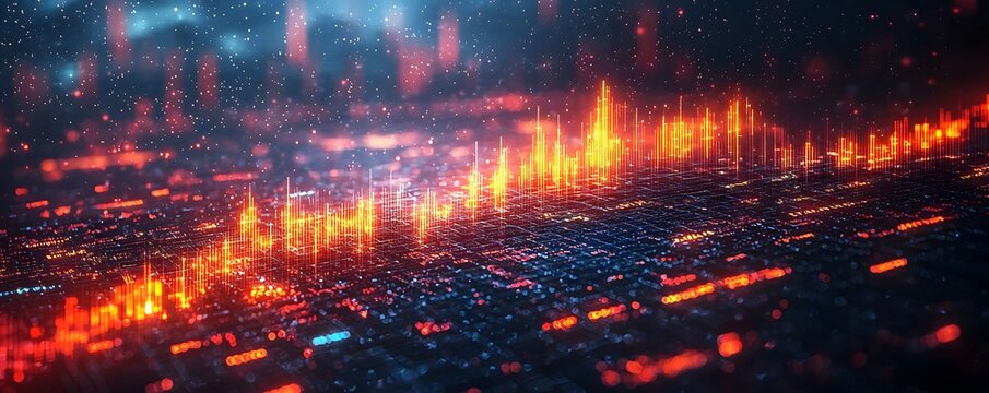 Abstract digital data visualization with glowing orange spikes on a blue grid symbolizing complex information flow and technological growth