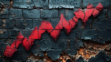 A dramatic red graph with sharp downward trends on a cracked dark brick wall