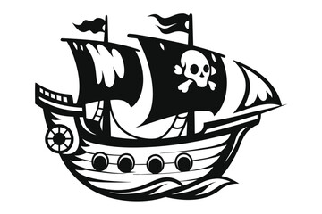 Pirate Ship Silhouette with Skull and Crossbones on White Background