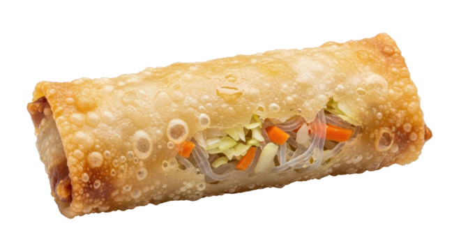 Crispy golden brown egg roll filled with vegetables isolated PNG with Transparent Background