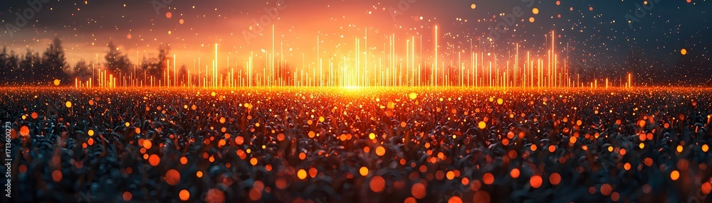Poster futuristic field at dusk with glowing digital signals and bokeh lights symbolizing technological adv