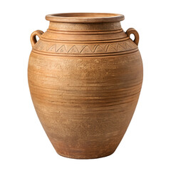 Large textured terracotta amphora with decorative band and two handles on white background