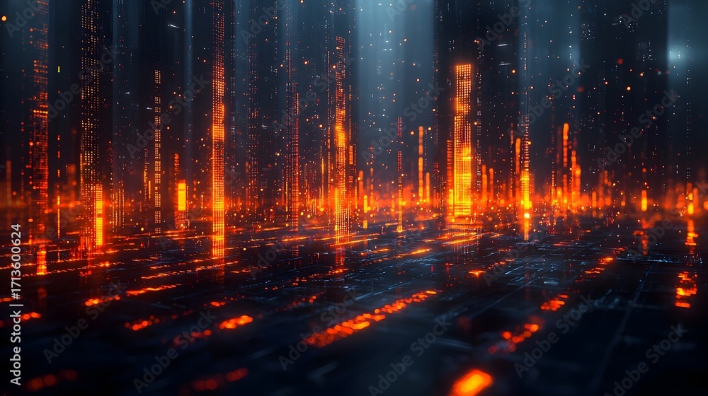 Poster abstract futuristic cityscape illuminated by glowing orange data streams and digital information rep