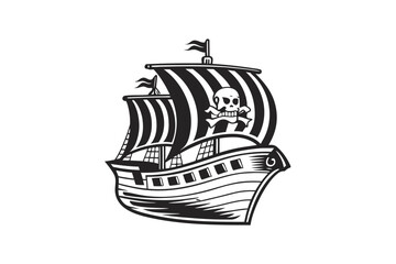 Pirate Ship With Skull Symbol In Black and White on White Background
