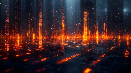 Abstract futuristic cityscape illuminated by glowing orange data streams and digital information representing advanced technology and connectivity