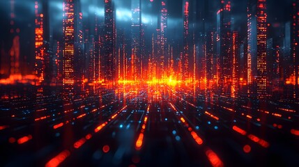 Abstract futuristic digital cityscape with glowing red and blue data streams