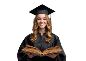 a young woman wearing her graduation cap and gown, holding an open book with the pages turned to display some text or images on it.