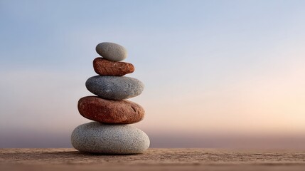 Serene Balance of Smooth Stones Stacked Carefully Against Sunset Sky