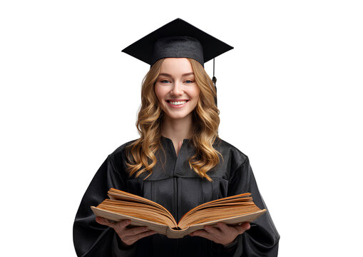  a young woman wearing her graduation cap and gown, holding an open book with the pages turned to display some text or images on it.