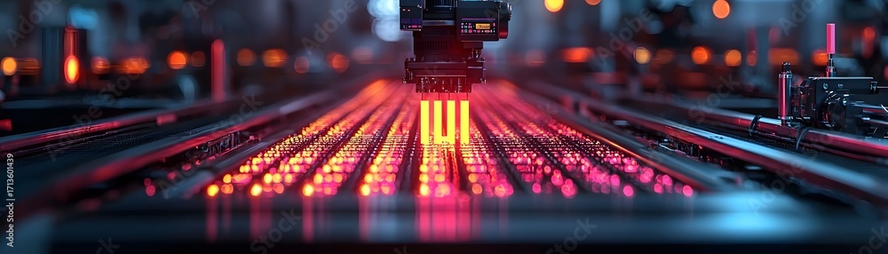 Poster futuristic robotic arm processing glowing components on an automated industrial production line