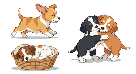 Adorable cartoon puppies: walking, sleeping in basket, and two hugging