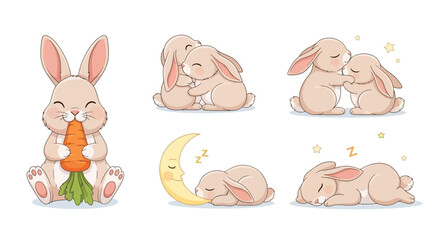 Adorable Cartoon Rabbits: Eating, Hugging, Sleeping