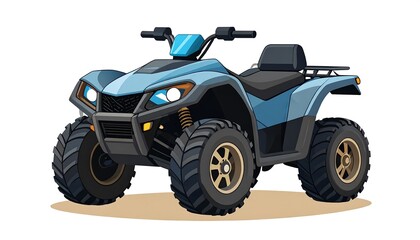 A light-blue all-terrain vehicle, depicted in a cartoon-style illustration, positioned on a light beige ground, displayed against a pure white background.