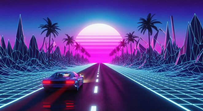 Drive into the future with this retro wave car scene, perfect for vibrant design projects, neon dreams, and classic synthwave aesthetics - Powered by Adobe