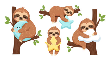 Cute Cartoon Sloths with Dreamy Expressions and Props