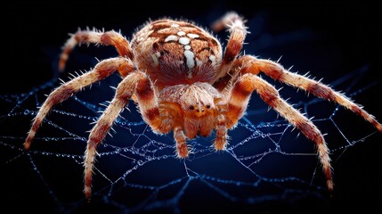A close-up image of a vividly detailed spider on a web, showcasing intricate features and textures, This photo is ideal for educational materials, nature blogs, or any content related to arachnology,
