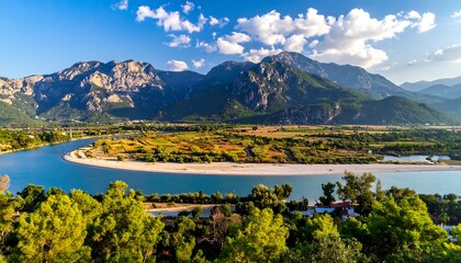 Fototapeta premium Panoramic river valley with mountains