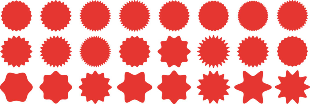 Set of circles with zigzag edges. Circle shapes & star shapes offer price tag, rounded starburst zigzag badge, discount and sale label stickers, circle sticker, wavy edge. 