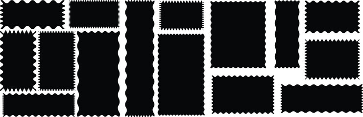 Postage stamp borders set vector. Silhouette stickers circle, square, oval and rectangle labels.  Set of frames with zigzag edge, scallop edge shapes .