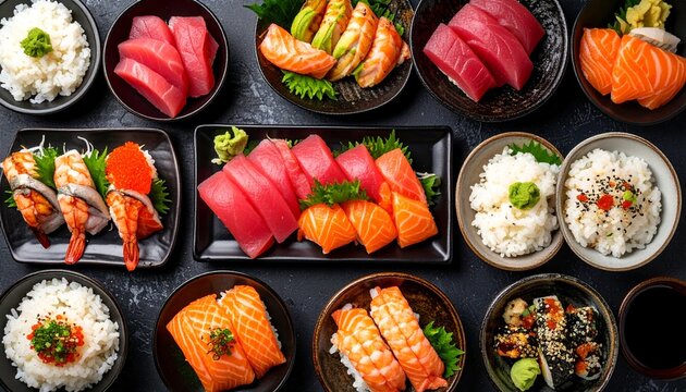 A delicious assortment of fresh Japanese sushi and sashimi with rice.